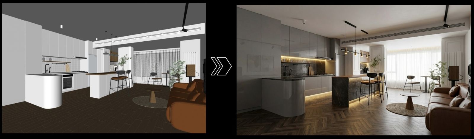 SketchUp 模型截圖轉 AI 擬真提案圖對比